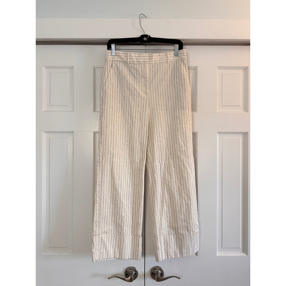 Loft Womens 4 Pinstripe Wide Leg Crop Pants Cotton Linen Blend Cream Blue